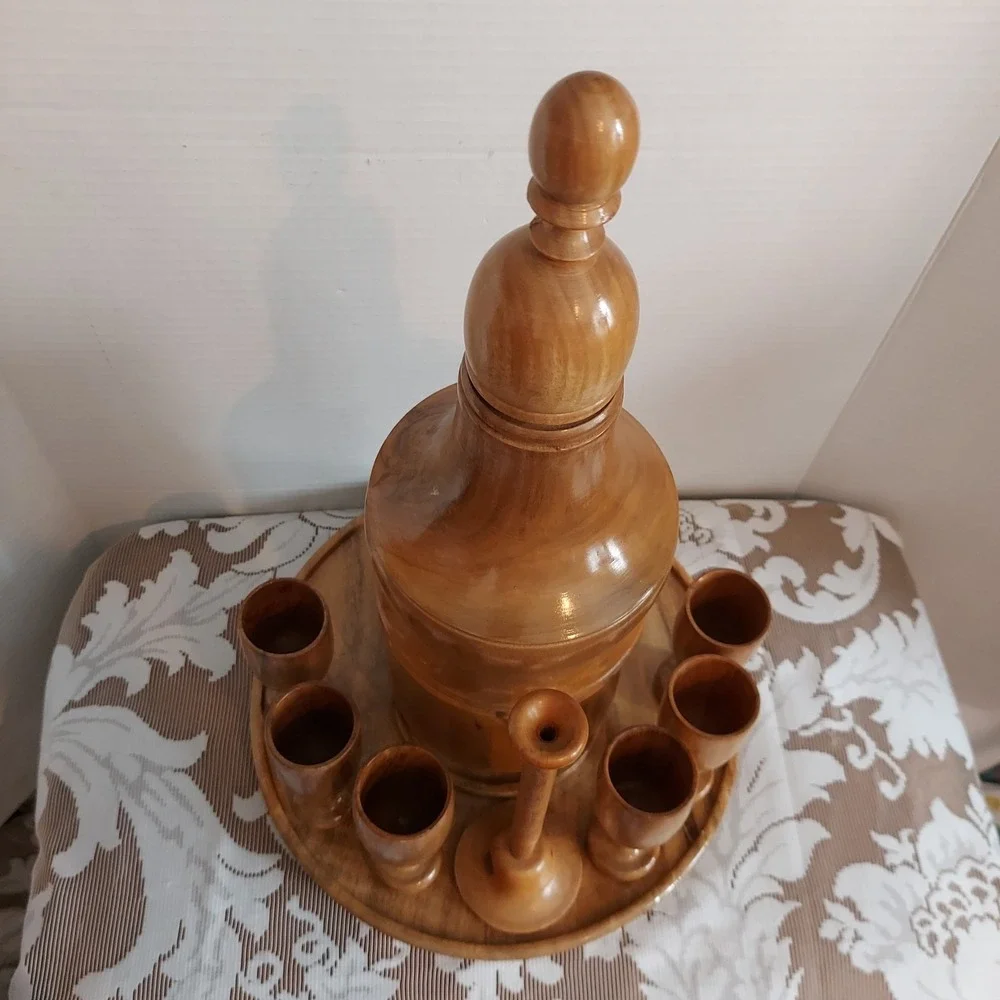 Vintage Hand Turned Wood Decanter Set 6 Goblets Tray Mid Century Modern Barware